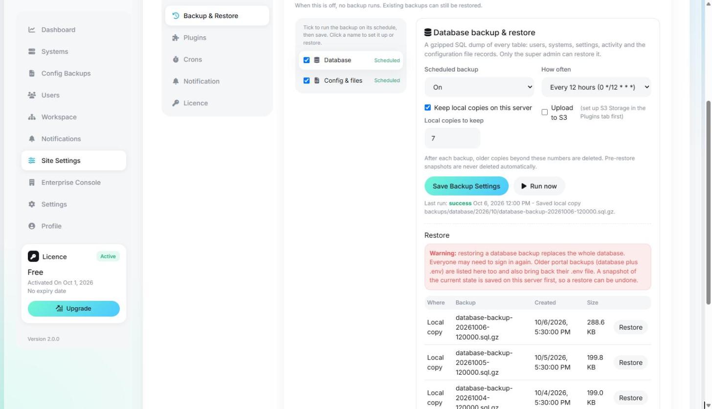 Scheduled backups, one-click restore